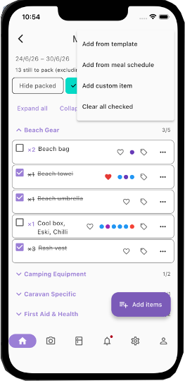 Add items to packing list